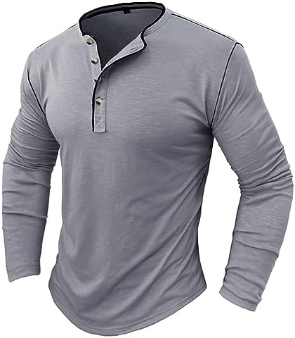 Mens Henry Collar Long Sleeve Shirt Versatile V-Neck Casual Solid
